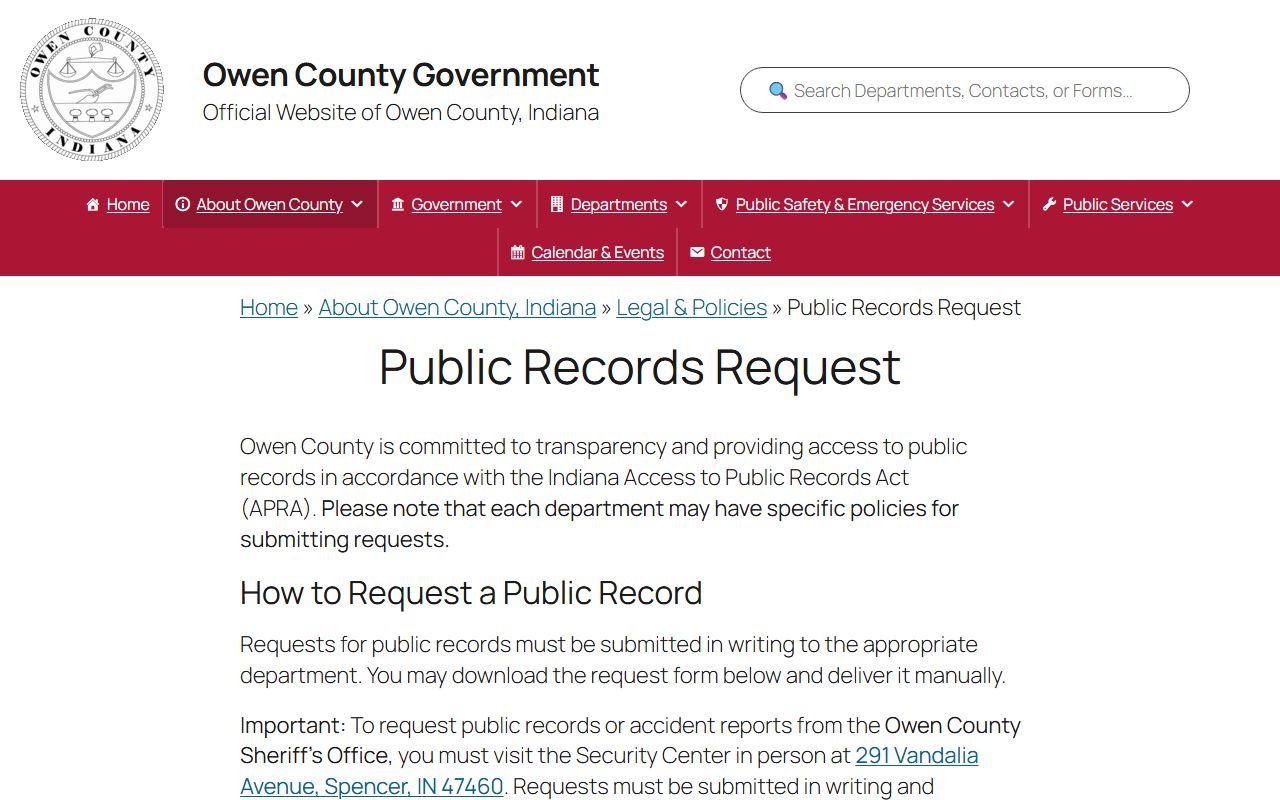 Owen County jail mugshots APRA public records request page