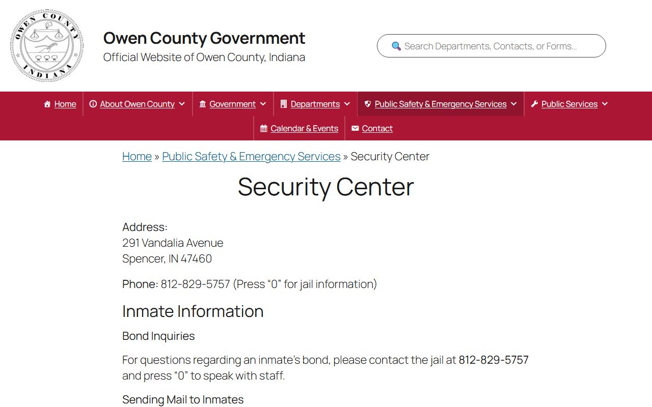 Owen County Security Center inmate population official jail page